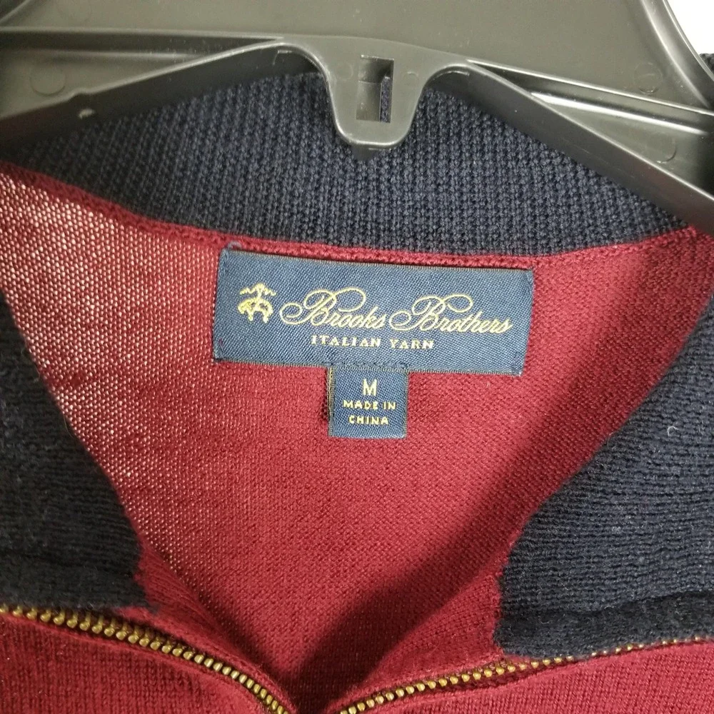 Brooks Brothers Quarter Zip Sweater Mens M Burgundy Merino Wool Striped Collar